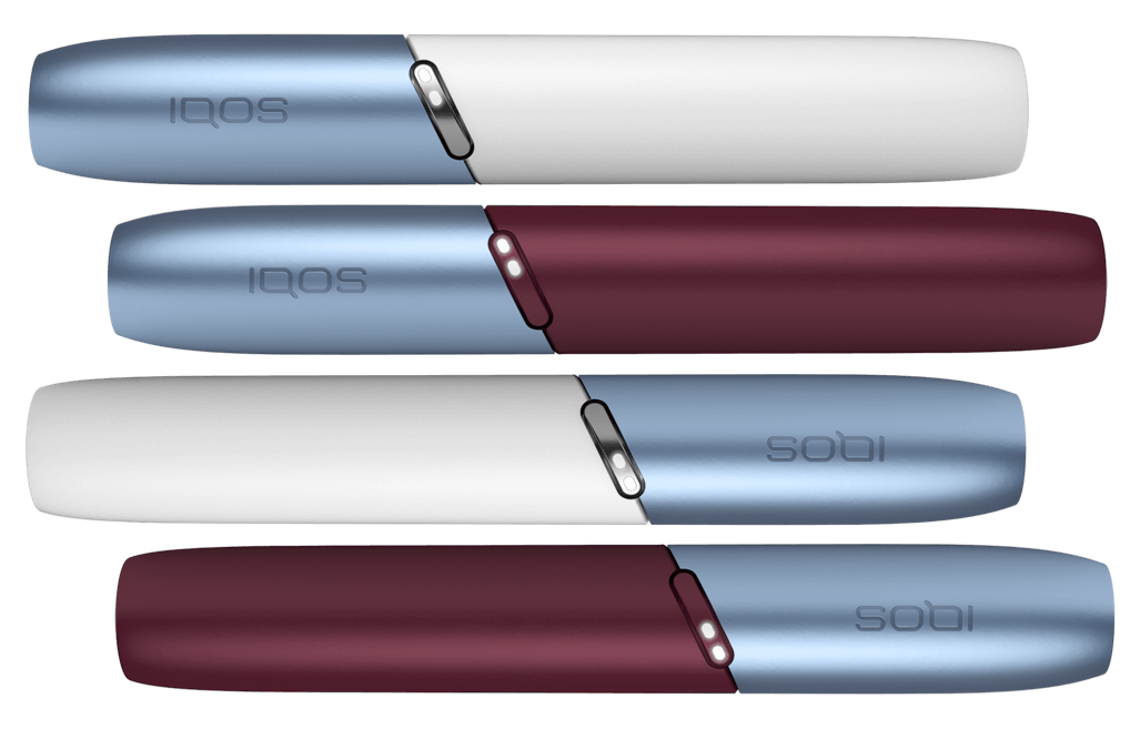 IQOS 3 DUO in White with Icy Blue Cap and IQOS 3 DUO in Frosted Red with Icy Blue Cap