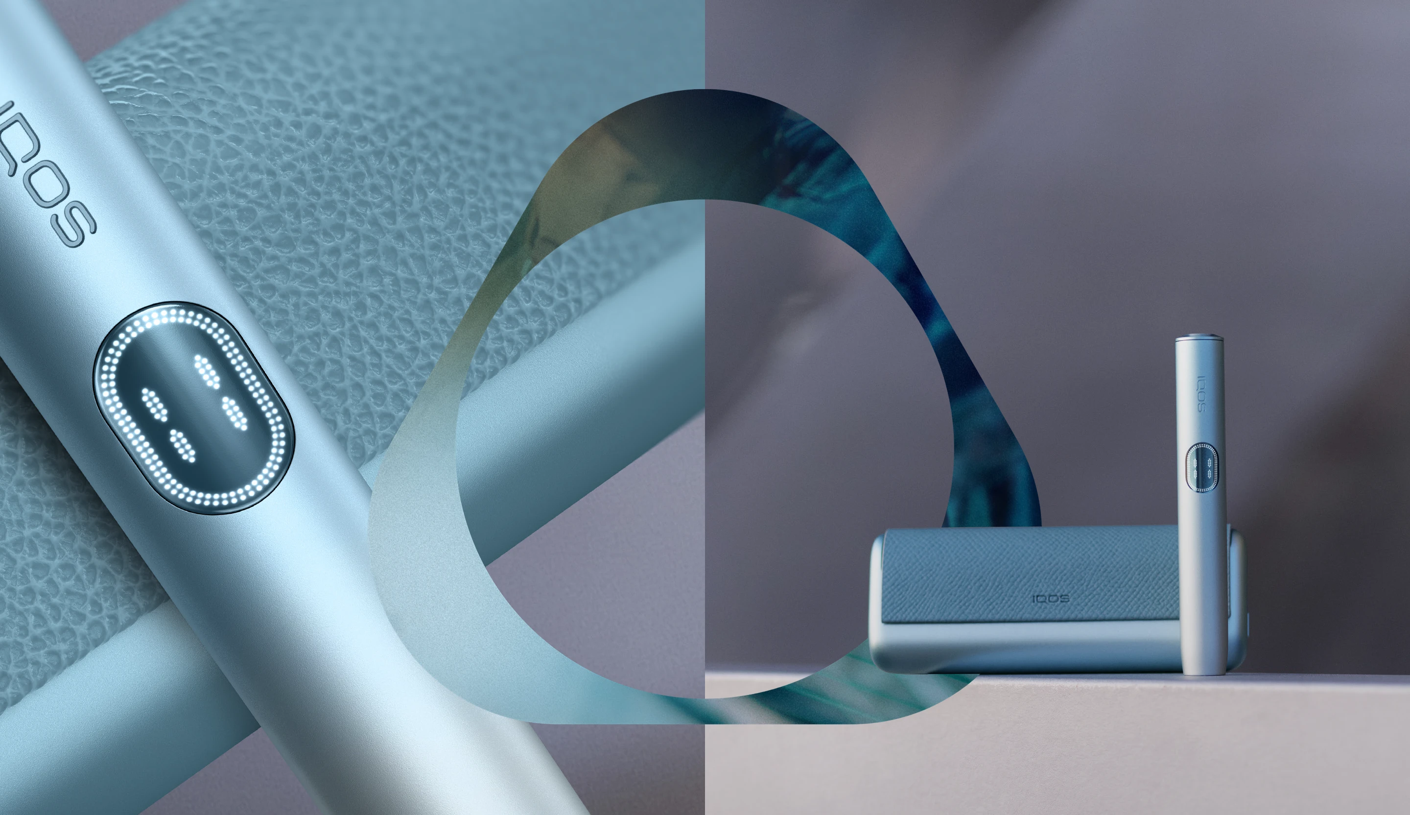 Dispositivo IQOS ILUMA i PRIME azul e o respetivo carregador. Imagens de detalhe em close‑up e fotografia geral do produto com o logótipo IQOS.​