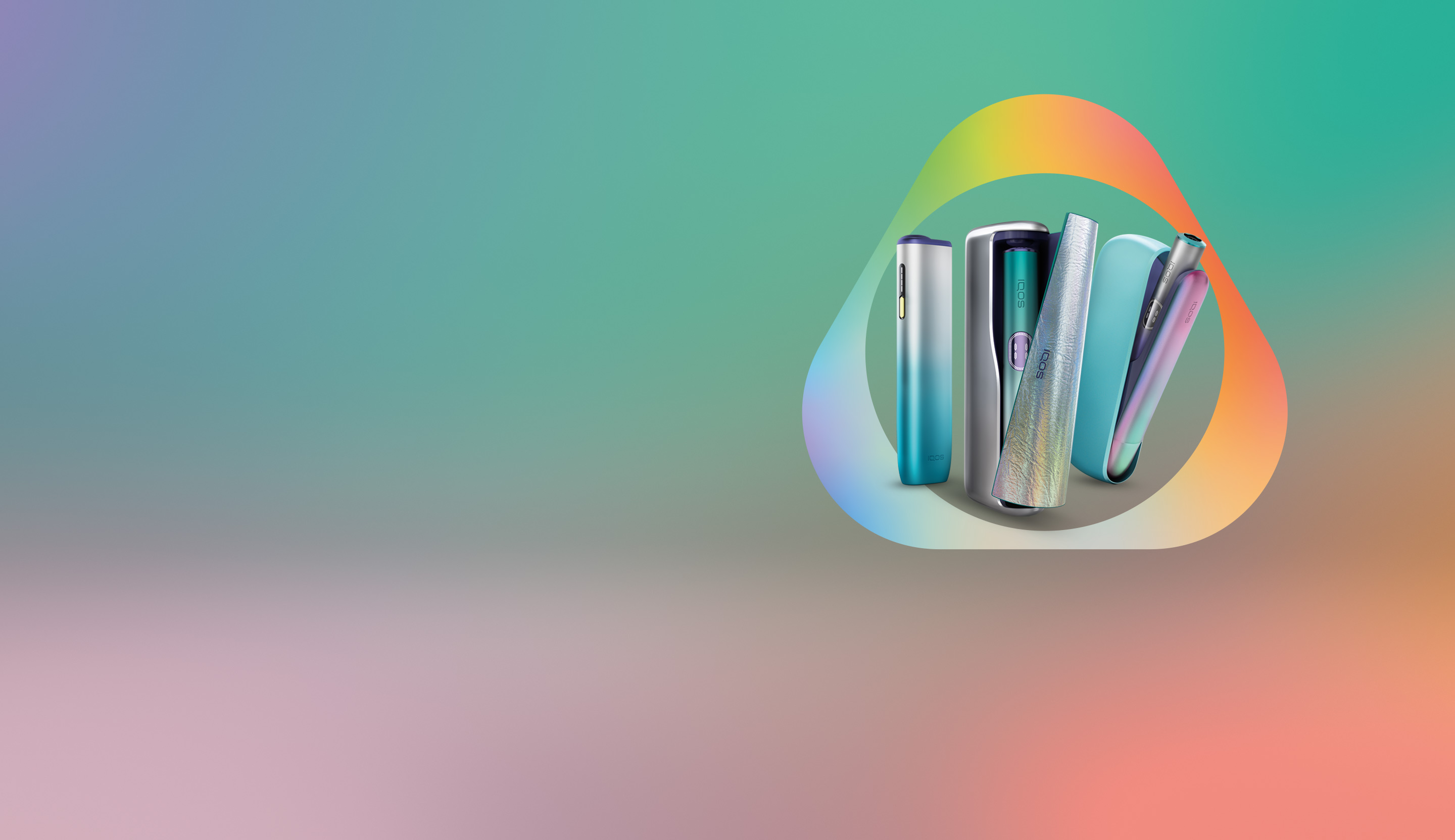 Imagem com gradiente de cores suaves em tons de verde, azul, cor-de-rosa e cor-de-laranja, texto IQOS ILUMA i REMIX Edição Limitada e botão Comprar à esquerda e centro da iamgem e Equipamentos IQOS ILUMA i One, IQOS ILUMA i e IQOS ILUMA i PRIME REMIX Edição Limitada ao centro e dentro da Key em tons suaves à direita e centro da imagem.