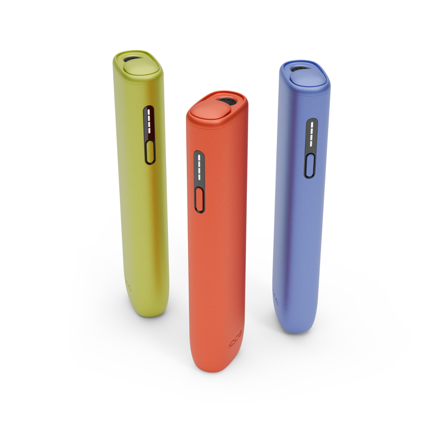 Vista de topo de três equipamentos IQOS ILUMA i ONE na cor verde, terracota e violeta