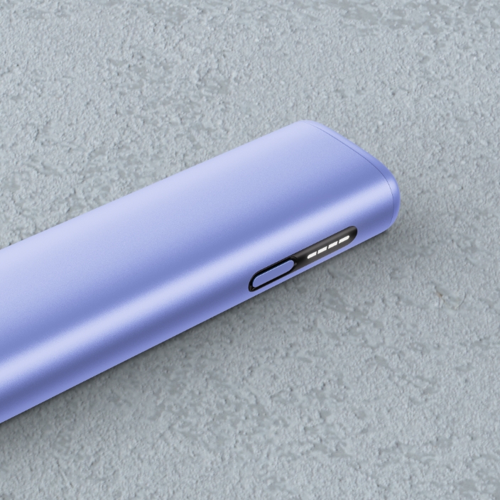 Detalhe de equipamento IQOS ILUMA i ONE violeta, orientado para a direita com destaque sobre as luzes de presença, em ambiente de cimento
