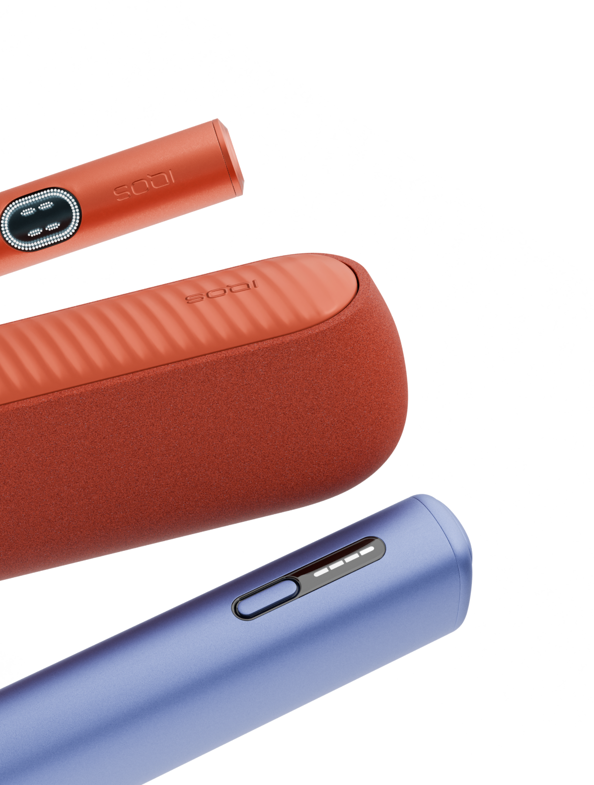 Detalhe de equipamento IQOS ILUMA i terracota e equipamentos IQOS ILUMA i ONE violeta orientados para a direita