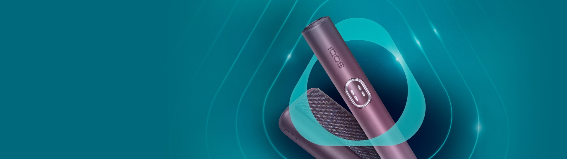 Equipamentos IQOS ILUMA i PRIME Vermelho Escuro dentro de logótipo IQOS turquesa, à direita e irradiando um padrão oval concêntrico, sobre fundo turquesa escuro.