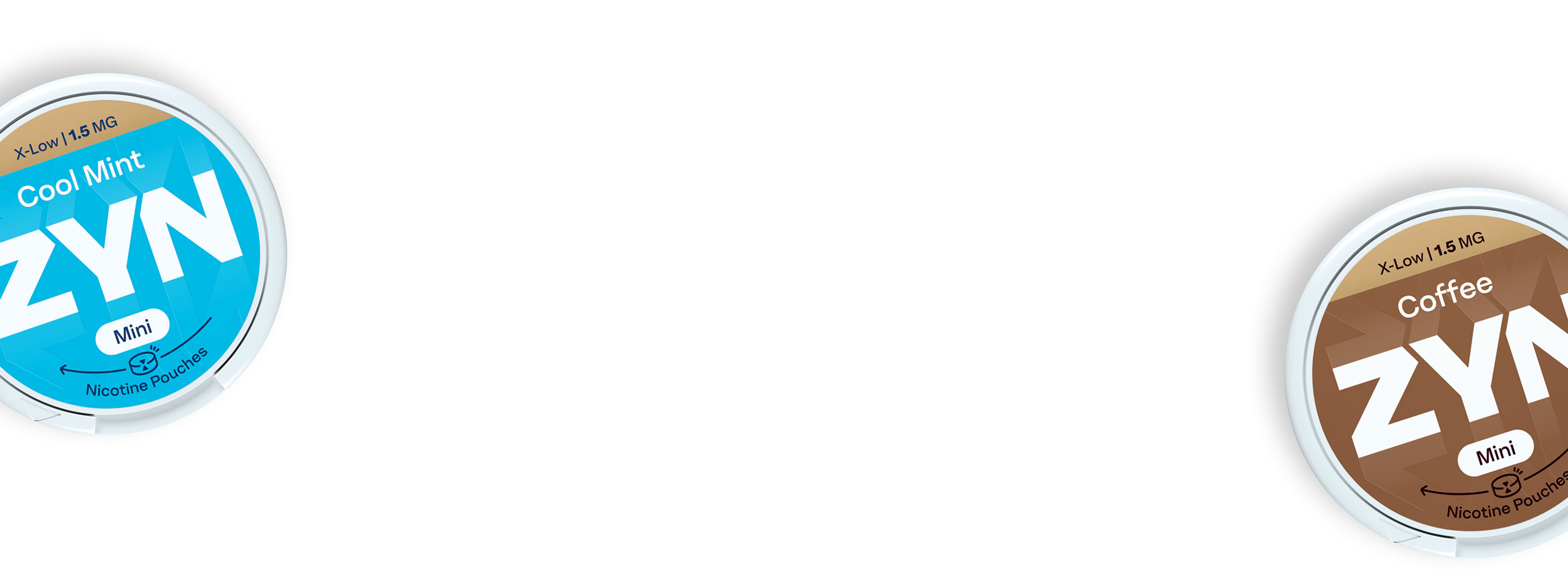 Plano aproximado de duas embalagens de ZYN, ZYN Cool Mint X-Low 1,5 MG Mini e ZYN Coffee X-Low 1,5 MG Mini.