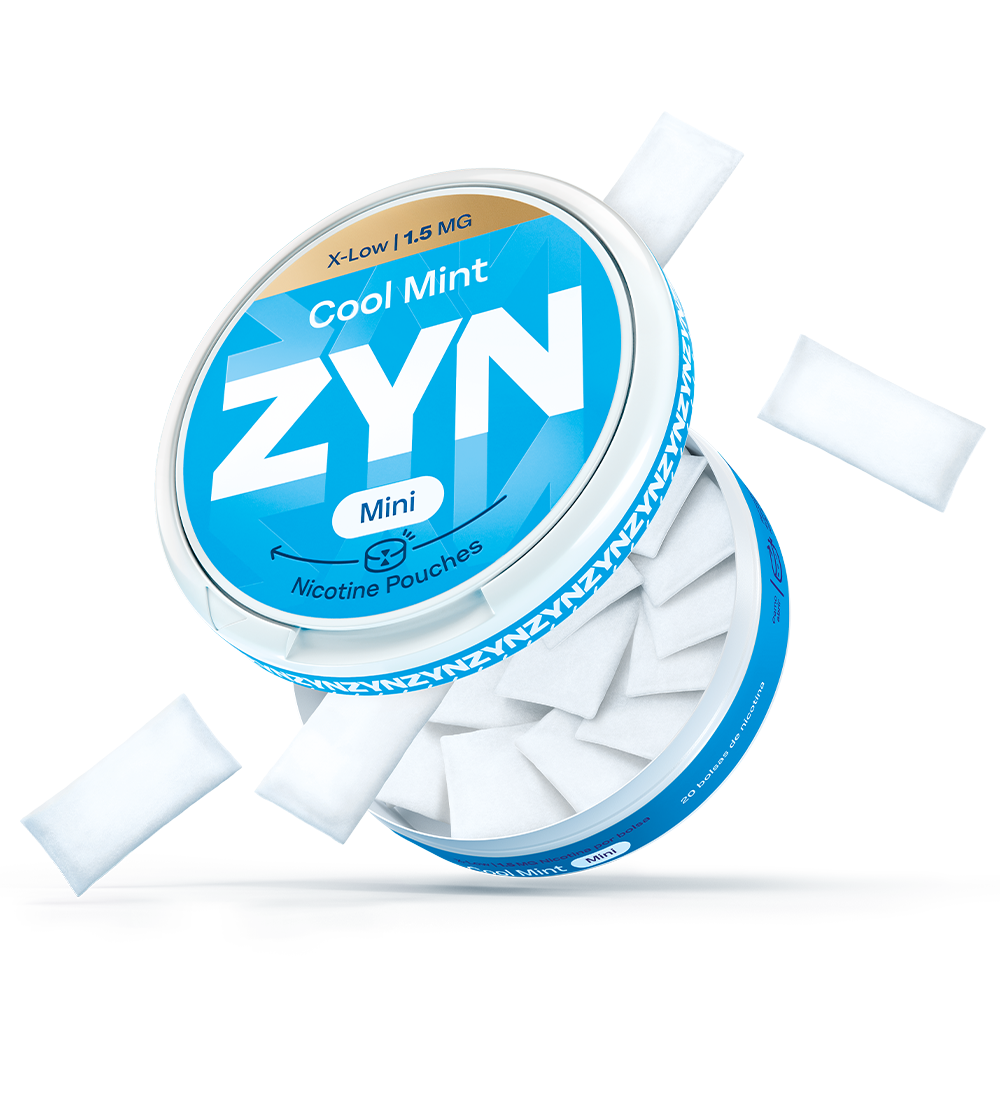 À esquerda, embalagem ZYN Cool Mint X-Low 1,5 MG Mini, aberta, com bolsas de nicotina visíveis e a sairem da embalagem. À direita,  vários ícones que ilustram a informação.