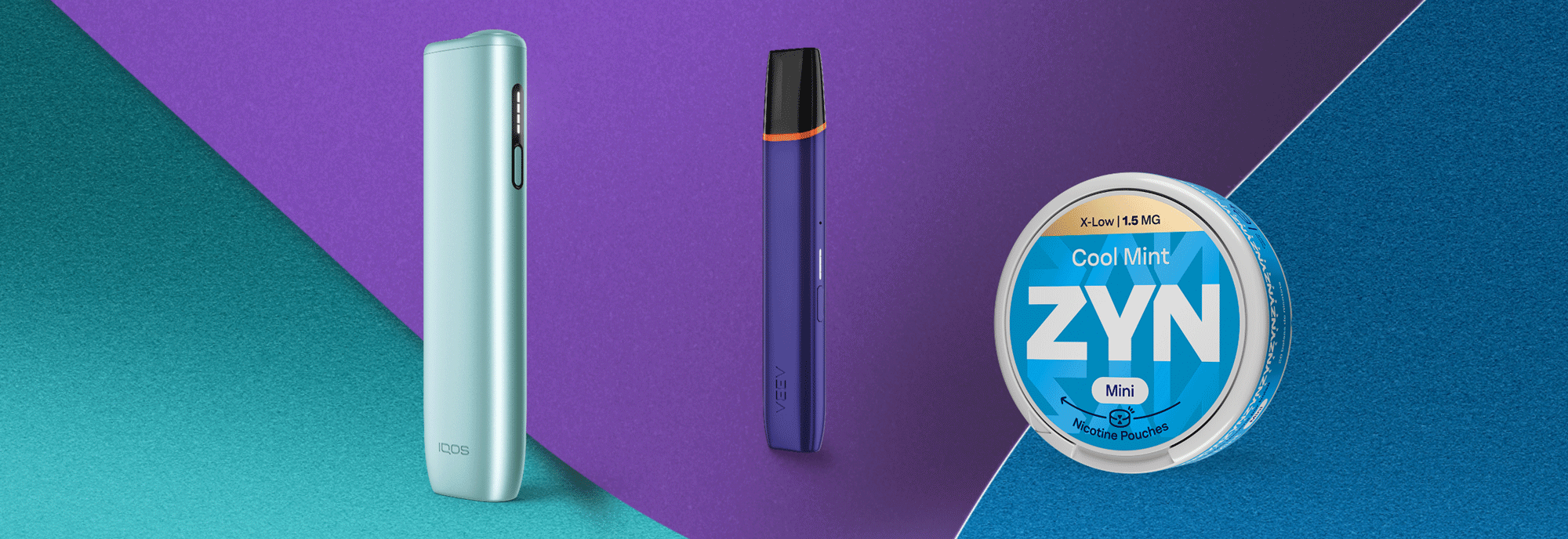Equipamento IQOS, dispositivo VEEV e embalagem de ZYN apresentados sobre um fundo geométrico em tons de azul, turquesa e roxo.