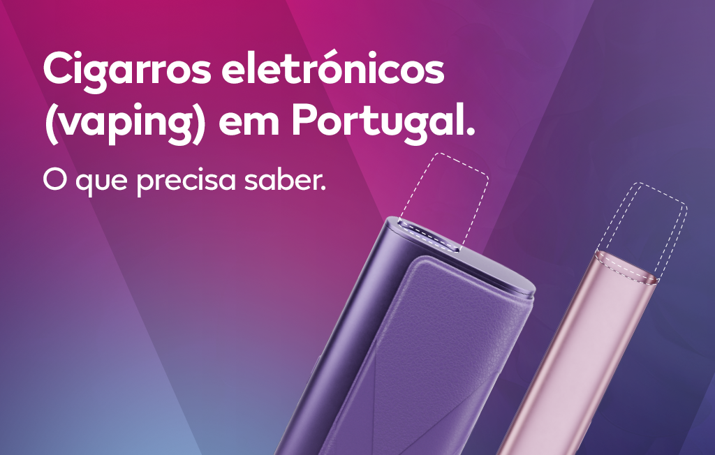 Dispositivos VEEV de cigarro eletrónico em cores preto e rosa apresentados sobre fundo com gradiente em tons de roxo, azul e magenta.