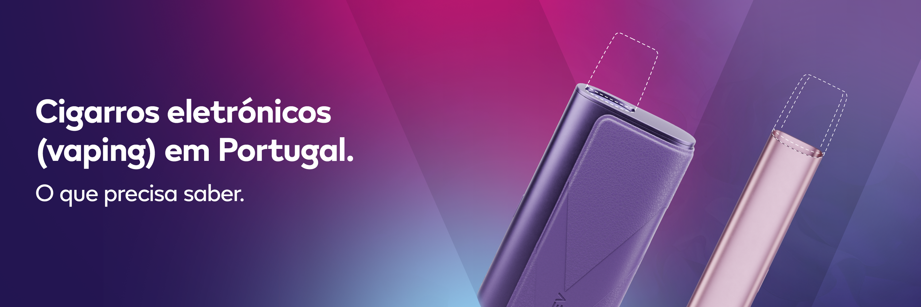 Dispositivos VEEV de cigarro eletrónico em cores preto e rosa apresentados sobre fundo com gradiente em tons de roxo, azul e magenta.