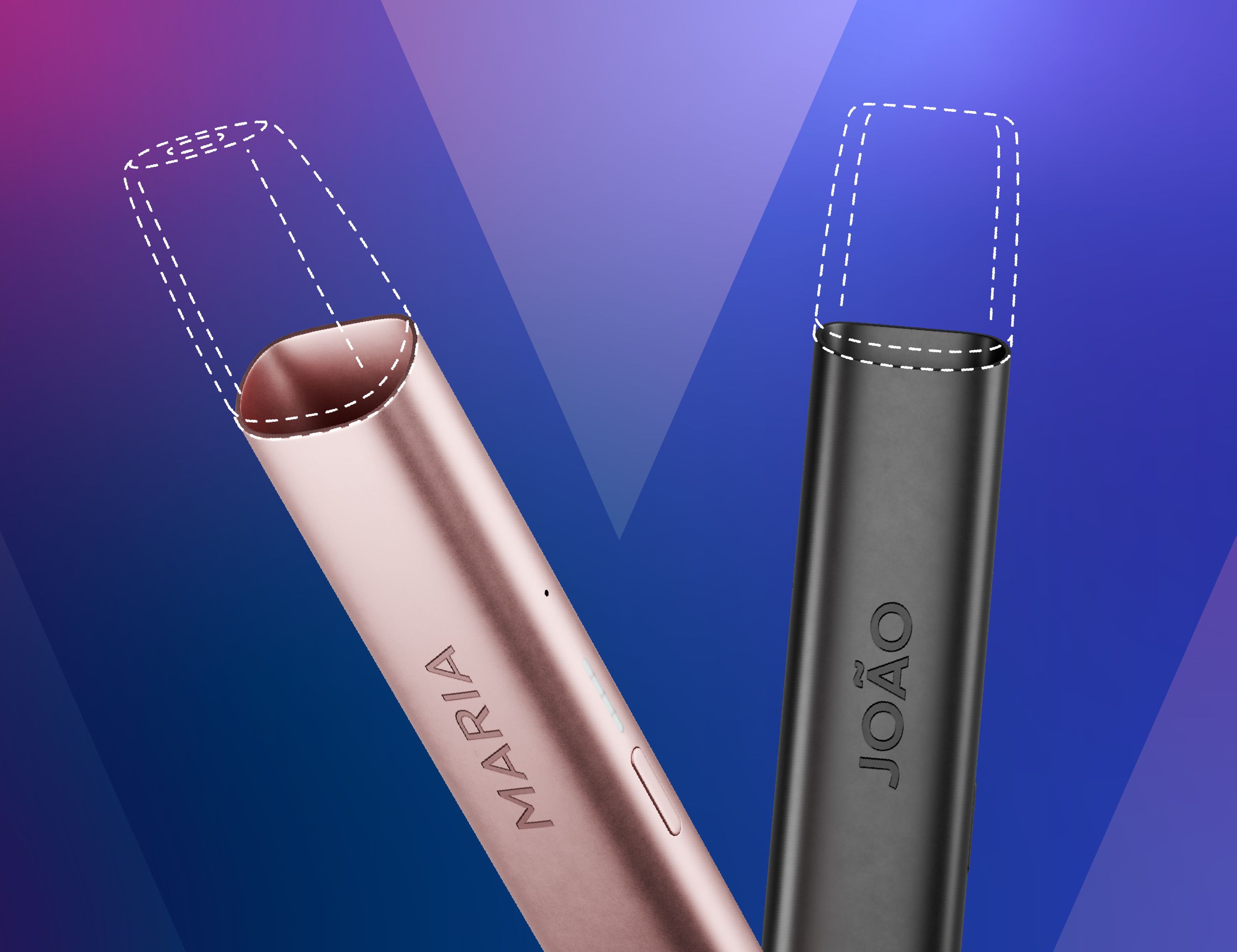 Dois dispositivos VEEV ONE personalizados, um em cor rosa com o nome “Maria” gravado e outro em preto com o nome “João”, sobre um fundo em tons de azul e roxo com a letra “V” em destaque.