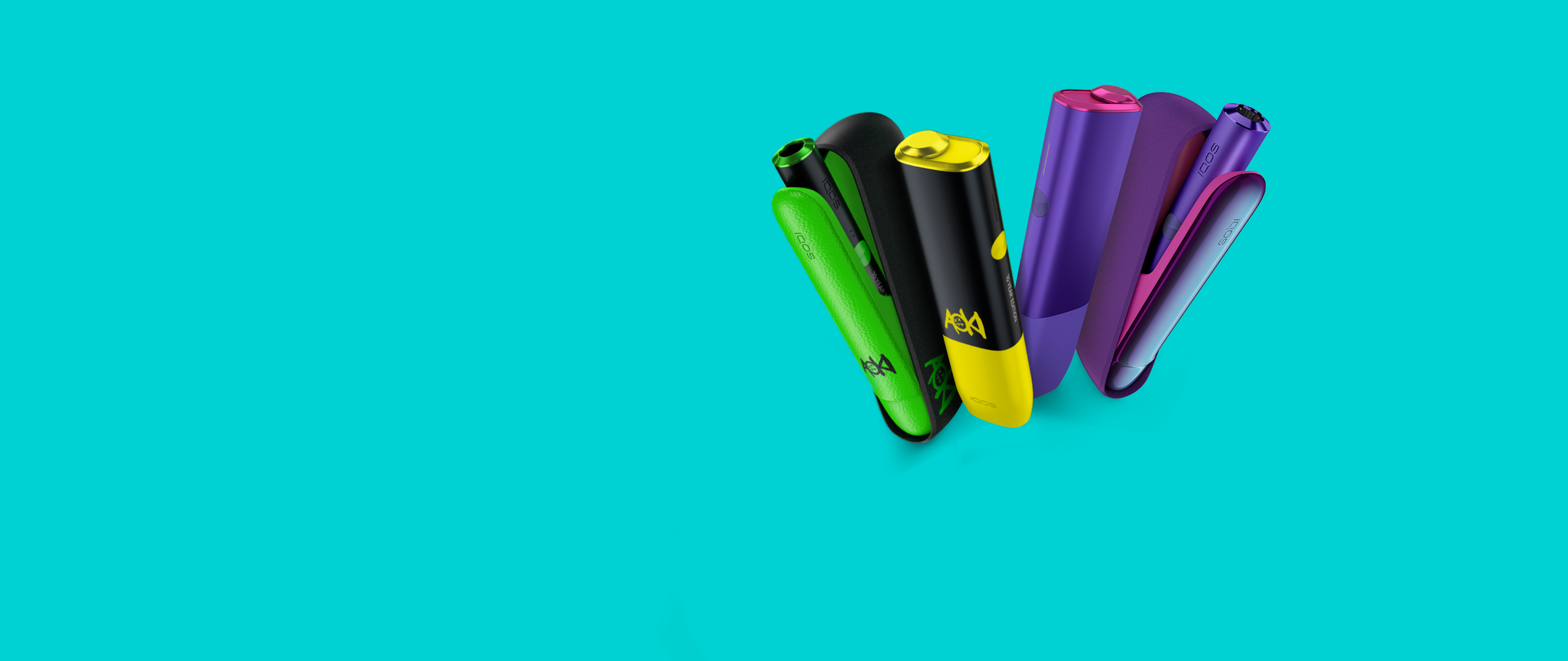 Equipamentos edições limitadas steve aoki e neon sobre o logo iqos num fundo turquesa.
 