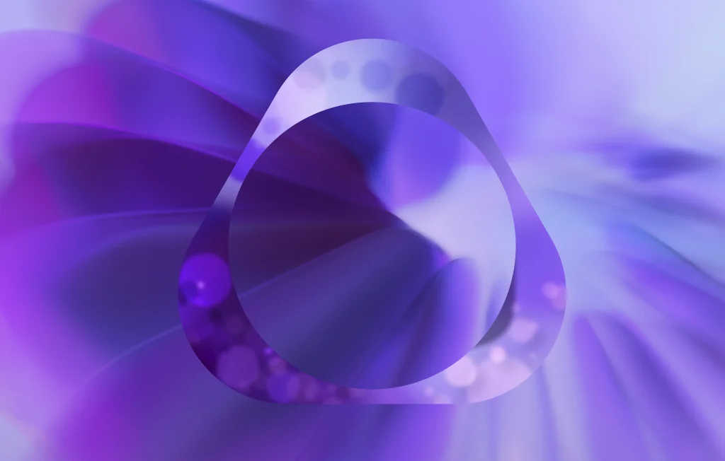 Imagem logótipo IQOS com efeito roxo e fundo estilizado em tom roxo que se assemelha a pétalas de flor.