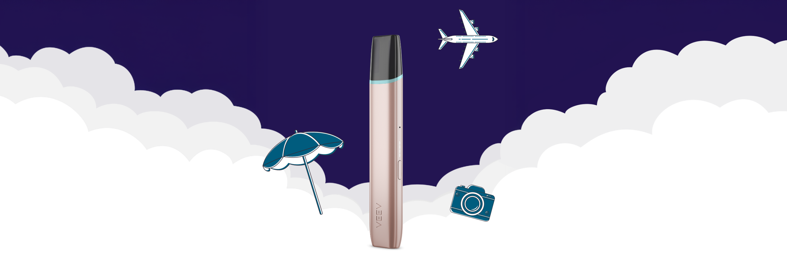 dispositivo veev num fundo escuro com uma nuvem, guarda sol. verão, praia, avião veev, viajar férias veev