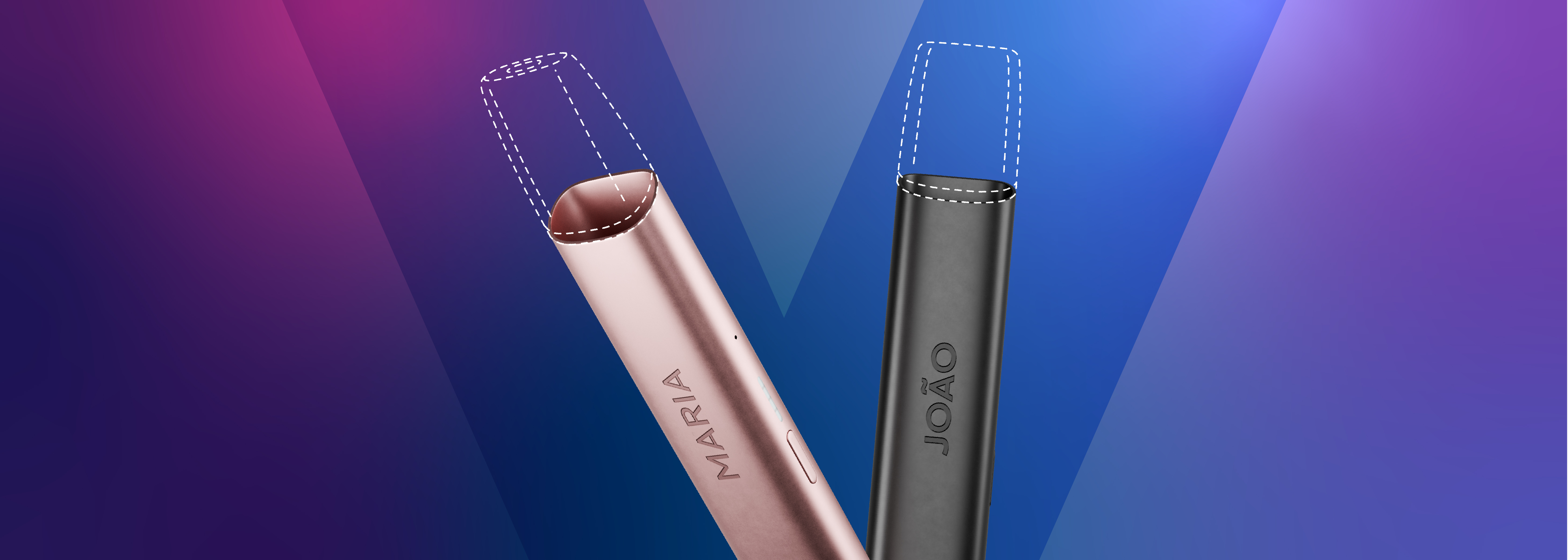 Dois dispositivos VEEV ONE personalizados, um em cor rosa com o nome “Maria” gravado e outro em preto com o nome “João”, sobre um fundo em tons de azul e roxo com a letra “V” em destaque.