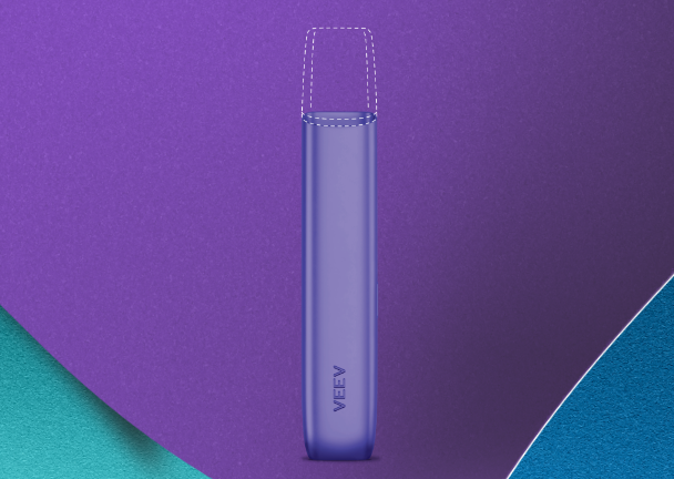 Equipamento IQOS, dispositivo VEEV e embalagem de ZYN apresentados sobre um fundo geométrico em tons de azul, turquesa e roxo.