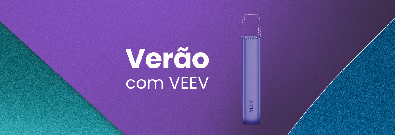 Equipamento IQOS, dispositivo VEEV e embalagem de ZYN apresentados sobre um fundo geométrico em tons de azul, turquesa e roxo.