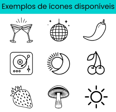 9 Icons para personalização: duas bebidas, bola espelhada, chilli, gira discos, sol e lua, cereja, morango, cogumelo e sol.