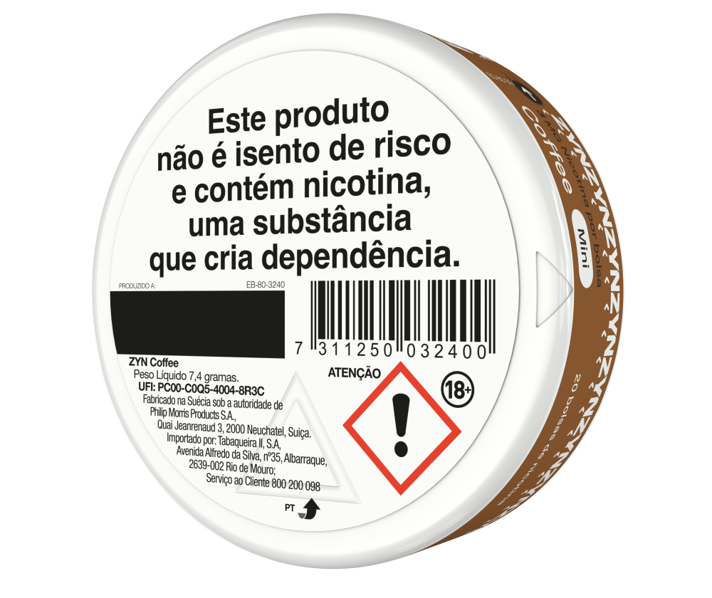 Vista de informação legal e código de barras na base de uma embalagem de ZYN Coffee Mini 3 MG orientada para a esquerda. main