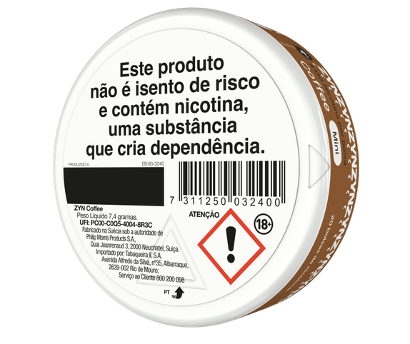 Vista de informação legal e código de barras na base de uma embalagem de ZYN Coffee Mini 3 MG orientada para a esquerda. main