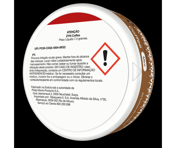 Vista de informação legal na base de uma embalagem de ZYN Coffee Mini 3 MG orientada para a esquerda. main