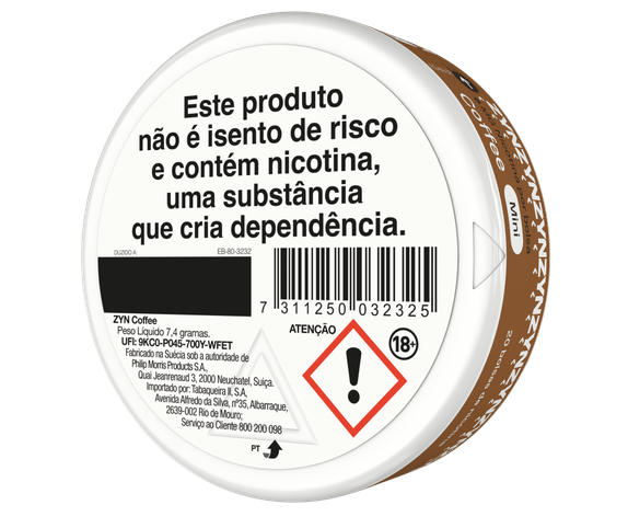 Vista de informação legal e código de barras na base de uma embalagem de ZYN Coffee Mini 6 MG orientada para a esquerda. main