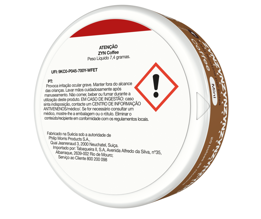 Vista de informação legal na base de uma embalagem de ZYN Coffee Mini 6 MG orientada para a esquerda. main