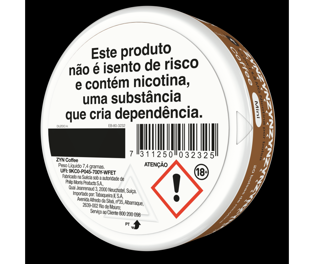 Vista de informação legal e código de barras na base de uma embalagem de ZYN Coffee X-Low Mini 1,5 MG orientada para a esquerda. main
