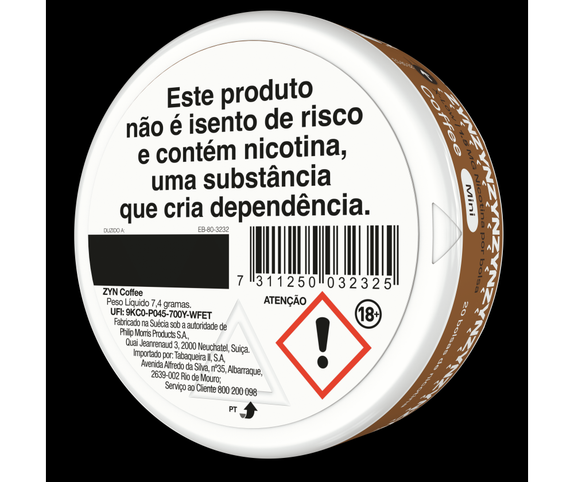 Vista de informação legal e código de barras na base de uma embalagem de ZYN Coffee X-Low Mini 1,5 MG orientada para a esquerda. main