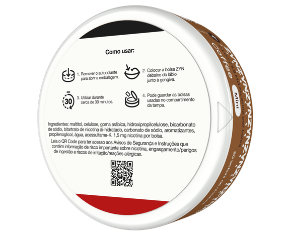 Vista da informação "Como usar", "Ingredientes" e QR code na base de uma embalagem de ZYN Coffee X-Low Mini 1,5 MG orientada para a esquerda. main