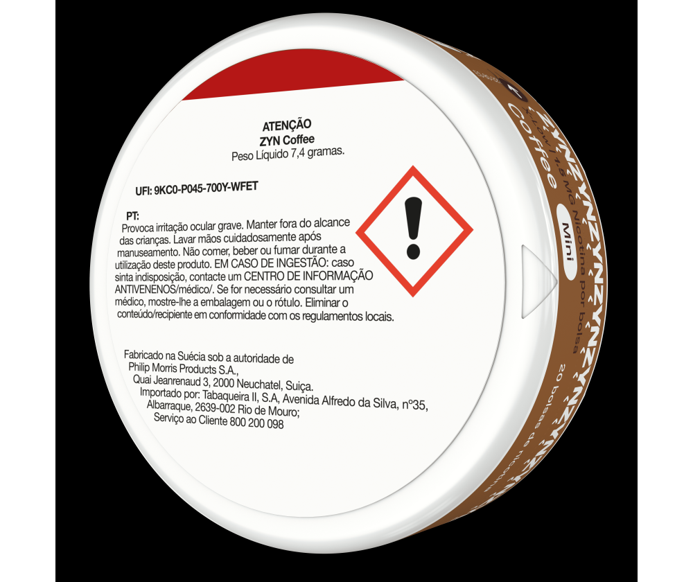 Vista de informação legal na base de uma embalagem de ZYN Coffee X-Low Mini 1,5 MG orientada para a esquerda. main