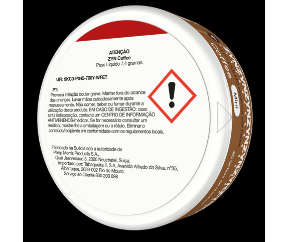 Vista de informação legal na base de uma embalagem de ZYN Coffee X-Low Mini 1,5 MG orientada para a esquerda. main
