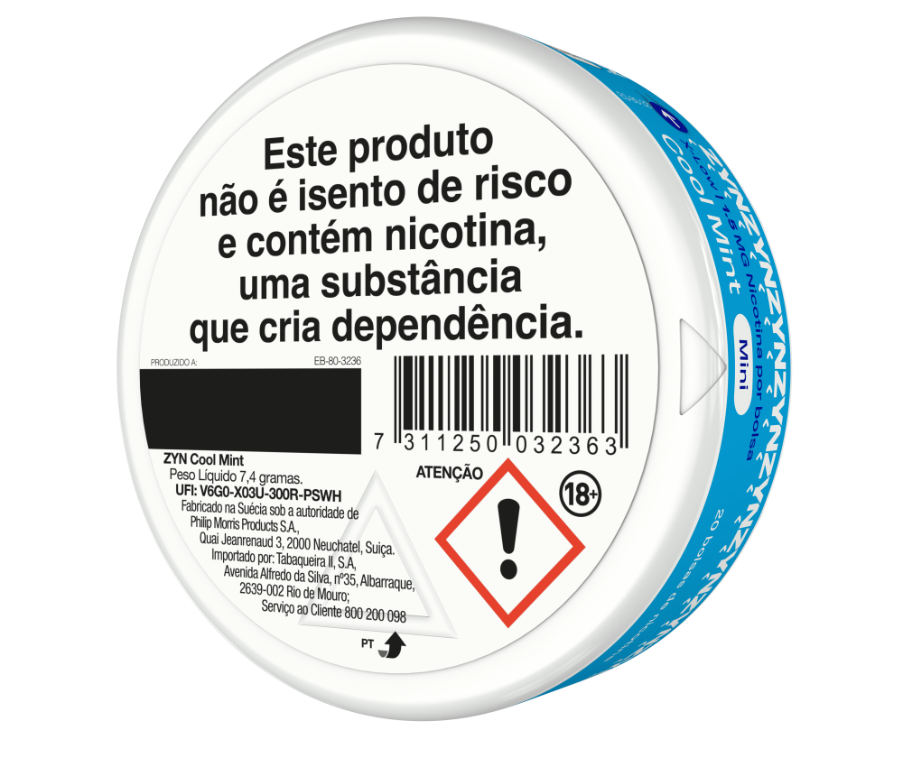 Vista de informação legal e código de barras na base de uma embalagem de ZYN Cool Mint X-Low Mini 1,5 MG orientada para a esquerda. main