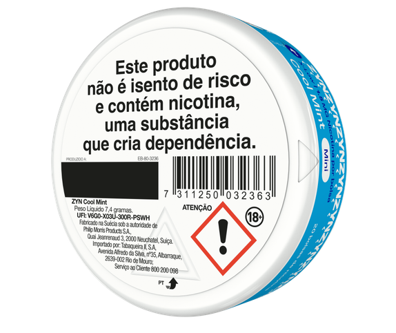 Vista de informação legal e código de barras na base de uma embalagem de ZYN Cool Mint X-Low Mini 1,5 MG orientada para a esquerda. main