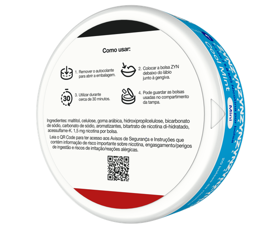 Vista da informação "Como usar", "Ingredientes" e QR code na base de uma embalagem de ZYN Cool Mint X-Low Mini 1,5 MG orientada para a esquerda. main