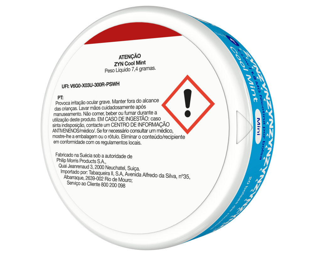 Vista de informação legal na base de uma embalagem de ZYN Cool Mint X-Low Mini 1,5 MG orientada para a esquerda. main
