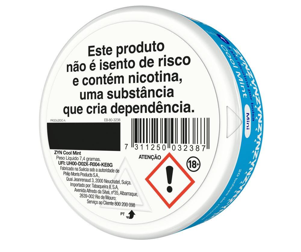 Vista de informação legal e código de barras na base de uma embalagem de ZYN Cool Mint Mini 3 MG orientada para a esquerda. main