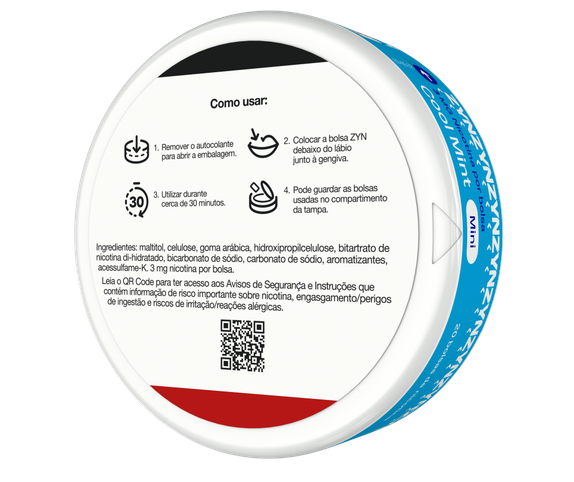 Vista da informação "Como usar", "Ingredientes" e QR code na base de uma embalagem de ZYN Cool Mint Mini 3 MG orientada para a esquerda. main