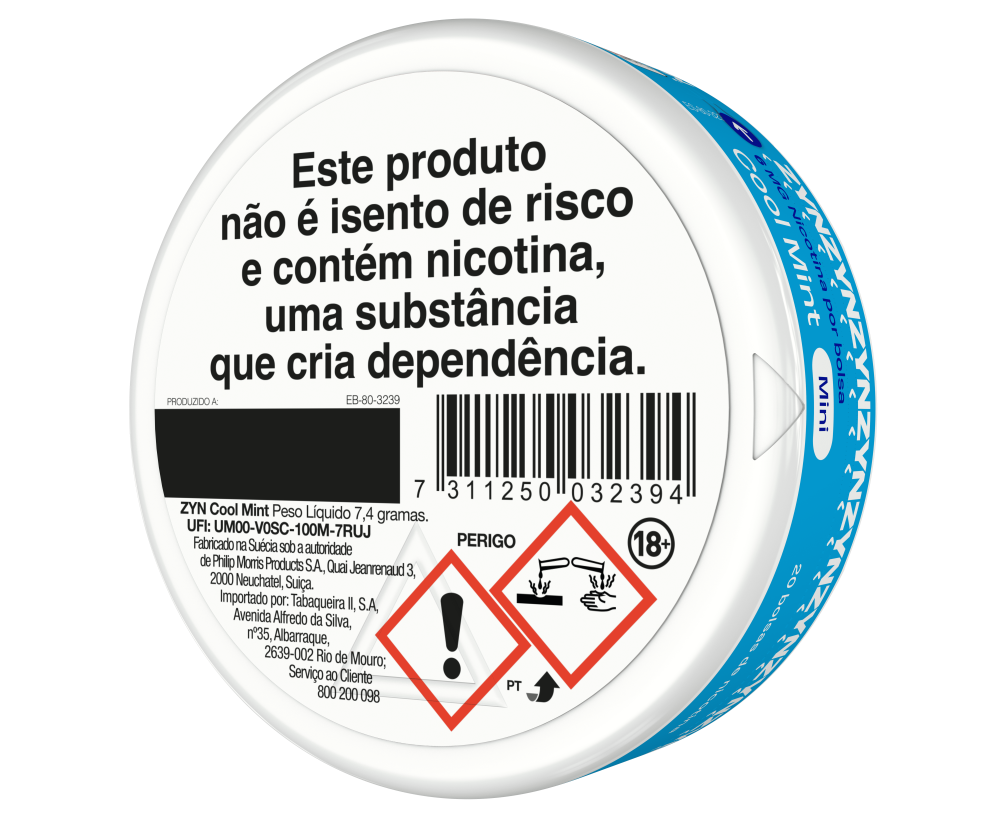 Vista de informação legal e código de barras na base de uma embalagem de ZYN Cool Mint Mini 6 MG orientada para a esquerda. main