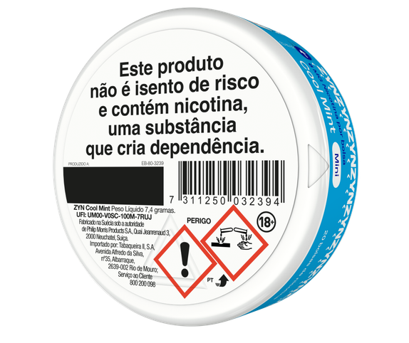 Vista de informação legal e código de barras na base de uma embalagem de ZYN Cool Mint Mini 6 MG orientada para a esquerda. main