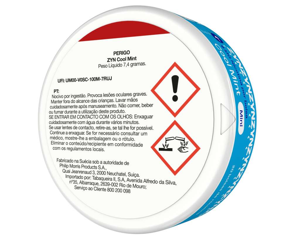 Vista de informação legal na base de uma embalagem de ZYN Cool Mint Mini 6 MG orientada para a esquerda. main
