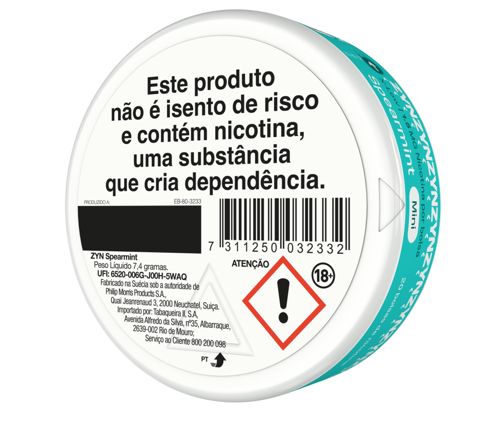 Vista de informação legal e código de barras na base de uma embalagem de ZYN Spearmint X-Low Mini 1,5 MG orientada para a esquerda. main