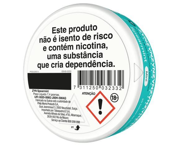Vista de informação legal e código de barras na base de uma embalagem de ZYN Spearmint X-Low Mini 1,5 MG orientada para a esquerda. main