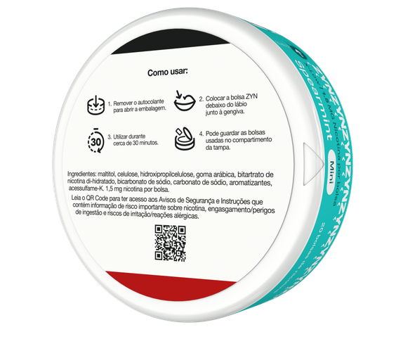 Vista da informação "Como usar", "Ingredientes" e QR code na base de uma embalagem de ZYN Spearmint X-Low Mini 1,5 MG orientada para a esquerda. main
