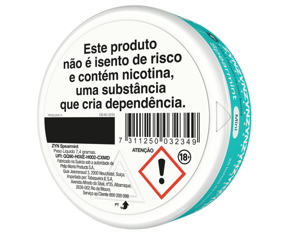 Vista de informação legal e código de barras na base de uma embalagem ZYN Spearmint Mini 3 MG orientada para a esquerda. main