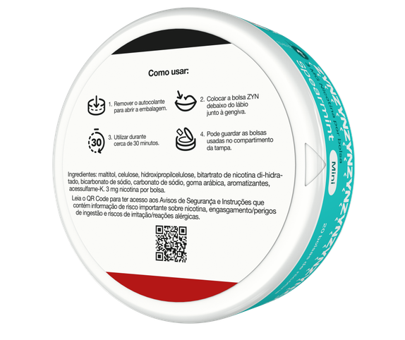 Vista da informação "Como usar", "Ingredientes" e QR code na base de uma embalagem de ZYN Spearmint Mini 3 MG orientada para a esquerda. main
