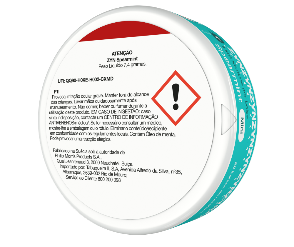 Vista de informação legal na base de uma embalagem de ZYN Spearmint Mini 3 MG orientada para a esquerda. main