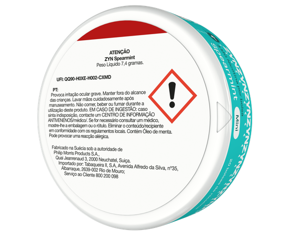 Vista de informação legal na base de uma embalagem de ZYN Spearmint Mini 3 MG orientada para a esquerda. main