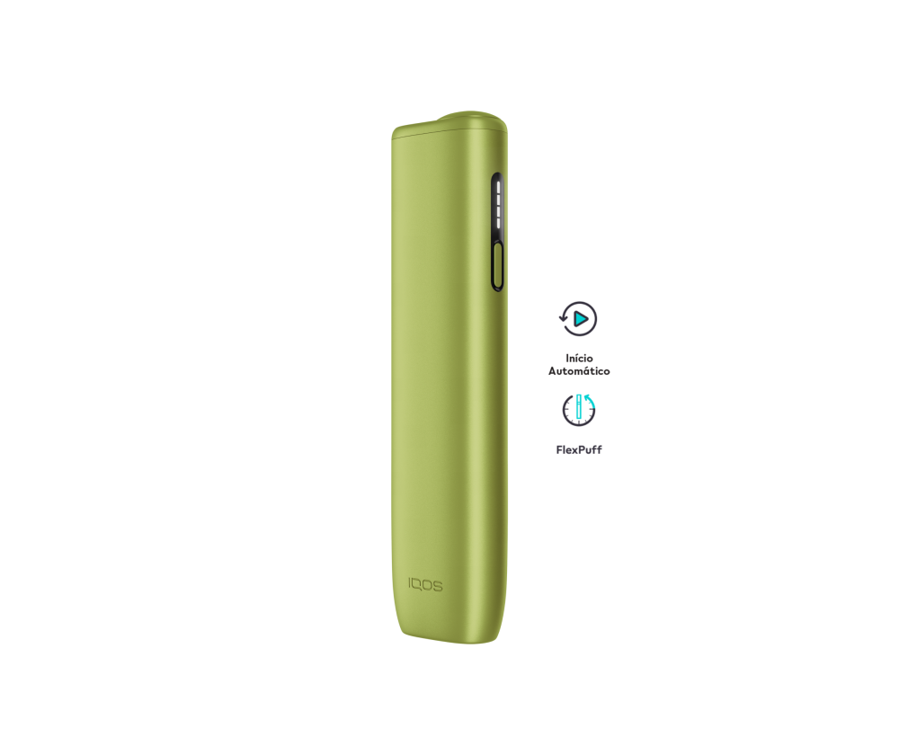 Dispositivo IQOS ILUMA i ONE Verde, na vertical, com descrição de funcionalidades avançadas