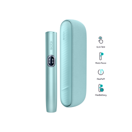 Dispositivo IQOS ILUMA i Azul Claro e carregador de bolso, na vertical e paralelos, com a indicação das funcionalidades avançadas