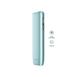Dispositivo IQOS ILUMA i ONE Azul Claro na vertical com descrição de funcionalidades, com descrição de funcionalidades avançadas