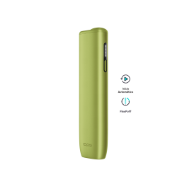 Dispositivo IQOS ILUMA i ONE Verde, na vertical, com descrição de funcionalidades avançadas